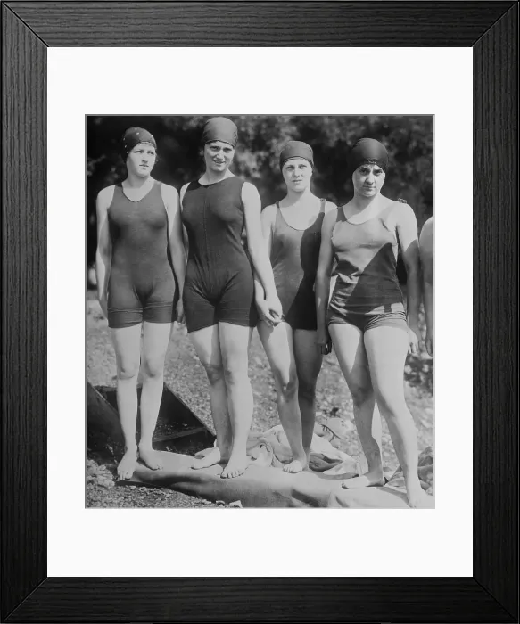 Framed Print : Four young members of Philadelphias Mermaid Club, at a swimming and diving meet, 1910-1915