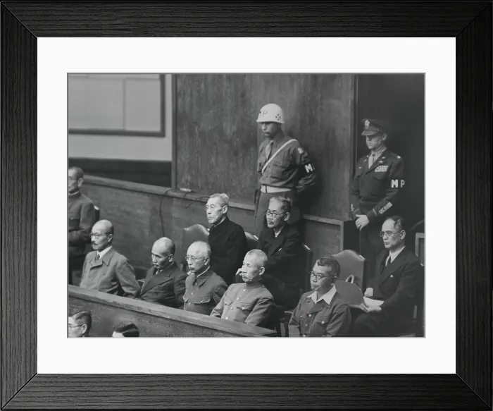Framed Print : War crimes defendants in the dock at the Tokyo War Crimes Tribunal, May 21, 1946. Front row, at far left is Prime Minister and General Hideki Tojo Framed Print : War crimes defendants in the dock at the Tokyo War Crimes Tribunal, May 21, 1946. Front row, at far left is Prime Minister and General Hideki Tojo