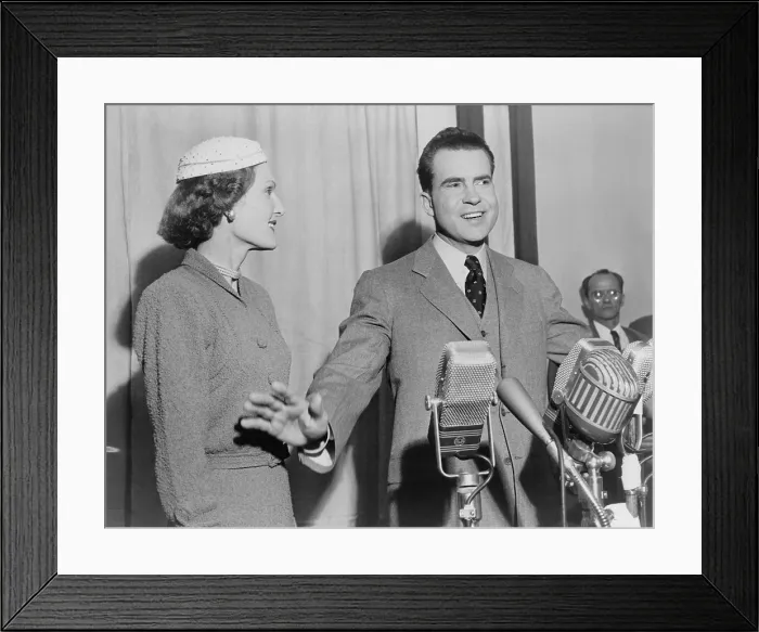 Framed Print : Richard Nixon standing behind microphones with wife Pat shortly after the 1952 election. He was elected Eisenhower's Vice President. (BSLOC_2014_13_80) Framed Print : Richard Nixon standing behind microphones with wife Pat shortly after the 1952 election. He was elected Eisenhower's Vice President. (BSLOC_2014_13_80)