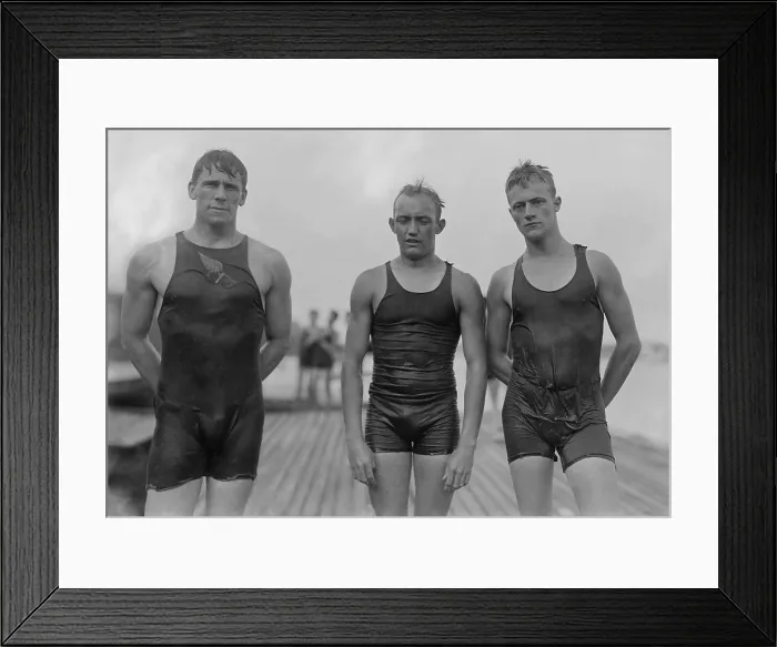 Framed Print : Top male swimmers in the New York Athletic Club meet at Travers Island, August 23, 1913. The top three swimmers in the 100 yard race were, L-R: Rex Cropsey, 2nd place; H Framed Print : Top male swimmers in the New York Athletic Club meet at Travers Island, August 23, 1913. The top three swimmers in the 100 yard race were, L-R: Rex Cropsey, 2nd place; H