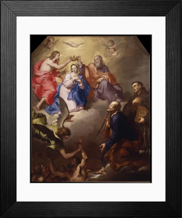 Framed Print : Coronation of the Virgin, by Bortolo Litterini, 1719, 18th Century, oil on canvas - Italy, Lombardy, Valzurio, Parish Church of Saint Margaret. Whole artwork view Framed Print : Coronation of the Virgin, by Bortolo Litterini, 1719, 18th Century, oil on canvas - Italy, Lombardy, Valzurio, Parish Church of Saint Margaret. Whole artwork view
