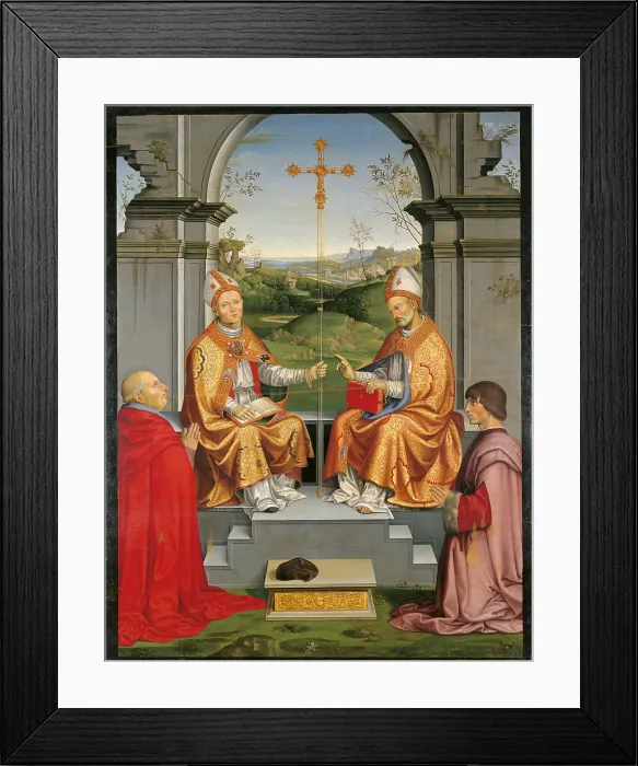 Framed Print : St Thomas Becket and St Martin with Bishop Giovanni Pietro Arrivabene and Duke Guidubaldo, by Timoteo Viti, 1504 about, 16th Century, panel, cm 204 x 156 - Italy, Marche