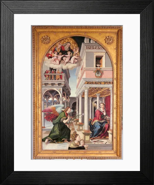 Framed Print : The Annunciation, by Vincenzo Pagani, 1532, 16th Century, Painting on panel, cm 284 x 179 - Italy, Marche, Pesaro Urbino, Urbino, Marche National Gallery Framed Print : The Annunciation, by Vincenzo Pagani, 1532, 16th Century, Painting on panel, cm 284 x 179 - Italy, Marche, Pesaro Urbino, Urbino, Marche National Gallery