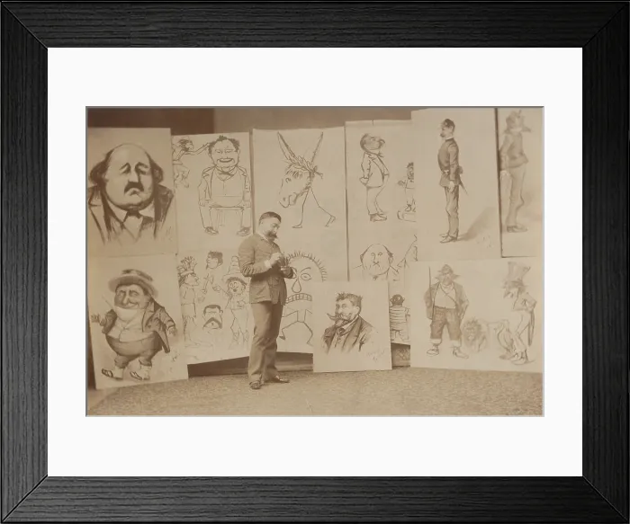 Framed Print : Thomas Nast with several of his caricatures, including two of himself (center top and bottom), 1888. Nasts work appeared in the Harper Weekly, an illustrated newspaper Framed Print : Thomas Nast with several of his caricatures, including two of himself (center top and bottom), 1888. Nasts work appeared in the Harper Weekly, an illustrated newspaper
