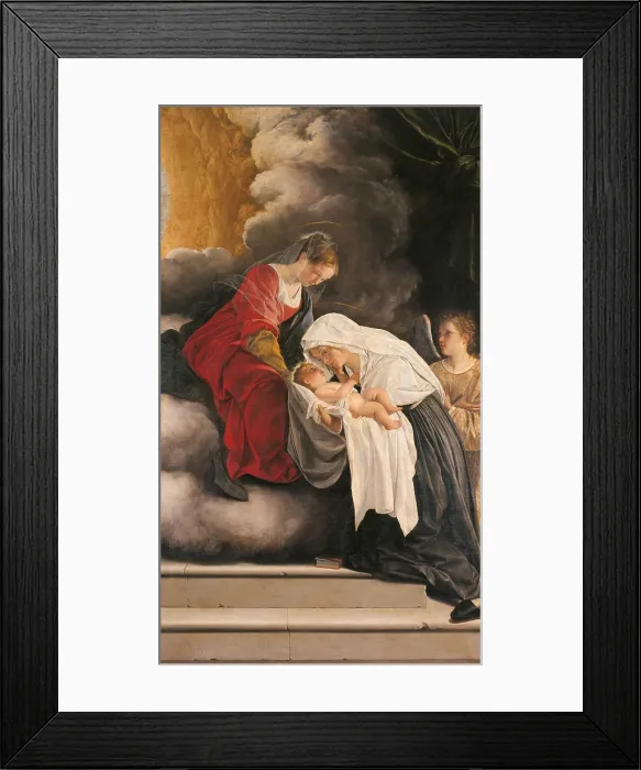 Framed Print : Madonna with Child with St Frances of Rome and anm angel, by Orazio Gentileschi, 1615 - 1618, 17th Century, oil on canvas, cm 270 x 157 - Italy, Marche, Pesaro Urbino, Urbino