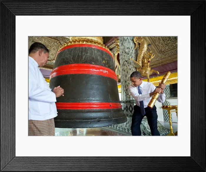 Framed Print : President Barack Obama rings a large bell during a tour of the Shwedagon Pagoda. Yangon, Myanmar (Rangoon, Burma), Nov. 19, 2012. (BSLOC_2015_3_149) Framed Print : President Barack Obama rings a large bell during a tour of the Shwedagon Pagoda. Yangon, Myanmar (Rangoon, Burma), Nov. 19, 2012. (BSLOC_2015_3_149)