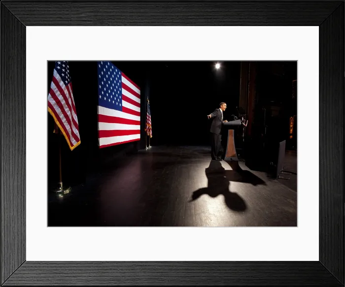 Framed Print : President Barack Obama speaks at the Apollo Theater in New York City, Jan. 19, 2012. He appeared at a campaign fundraising concert headlined by Al Green and India Arie