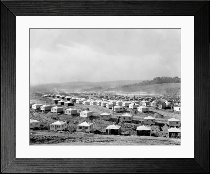 Framed Print : Small and simple homes under construction in Oak Ridge, Tennessee. Ca. 1945. They are for workers of the Manhattan Project's Clinton Engineering Works. (BSLOC_2014_13_143)