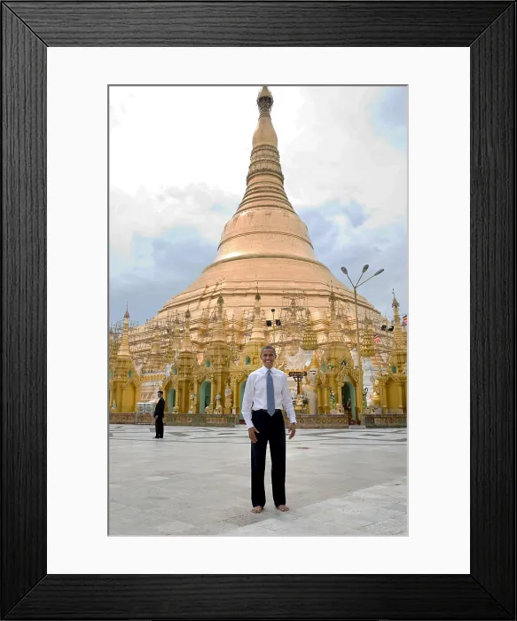 Framed Print : President Barack Obama with bare feet in front of the Shwedagon Pagoda. All visitors must remove their shoes and socks while touring the pagoda