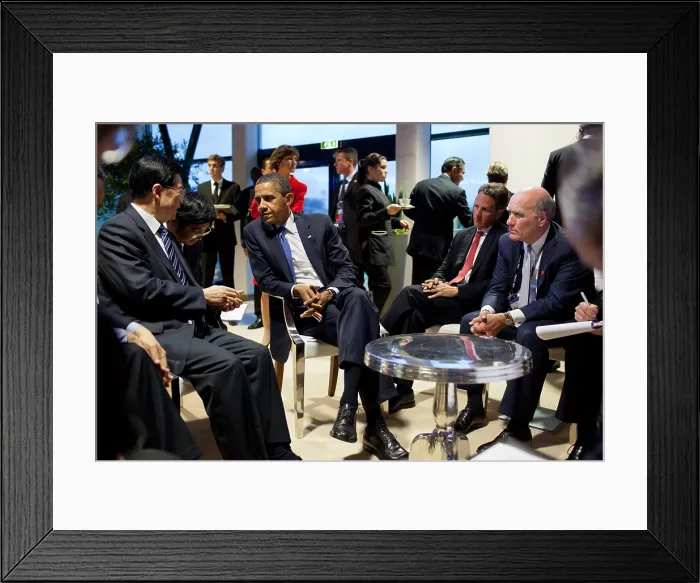Framed Print : President Barack Obama meets with President Hu Jintao of China, at the G20 Summit. Treasury Secretary Timothy Geithner and Chief of Staff Bill Daley are at right Framed Print : President Barack Obama meets with President Hu Jintao of China, at the G20 Summit. Treasury Secretary Timothy Geithner and Chief of Staff Bill Daley are at right