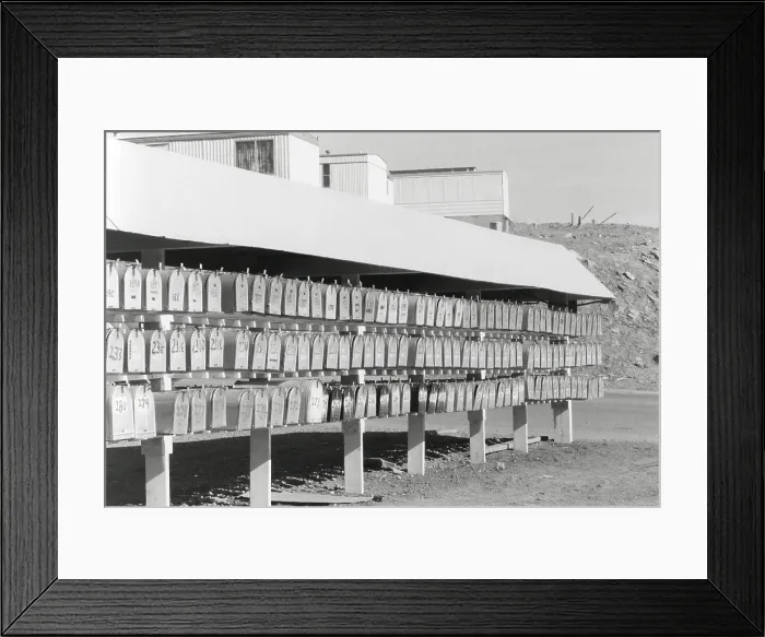 Framed Print : Cluster of mail boxes at a mobile home park in Rock Springs, Wyoming, 1970. (BSLOC_2014_13_148)