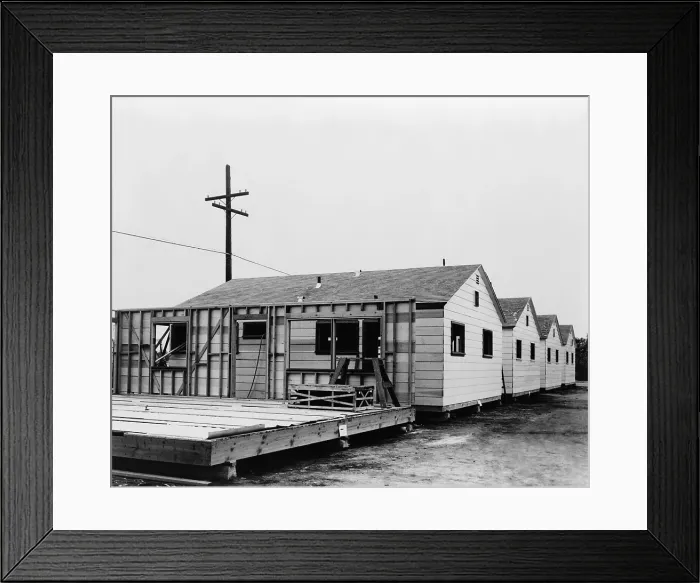 Framed Print : Four small completed mobile homes with another partially built. Built by Mobilhome Corporation of California in the 1940s. (BSLOC_2014_13_149)