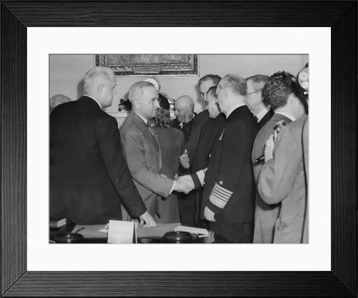 Framed Print : A solemn Harry Truman shakes hands with Admiral William Leahy after being sworn in as President. With George Marshall, Leahy had been FDR's top advisor during WW2 Framed Print : A solemn Harry Truman shakes hands with Admiral William Leahy after being sworn in as President. With George Marshall, Leahy had been FDR's top advisor during WW2