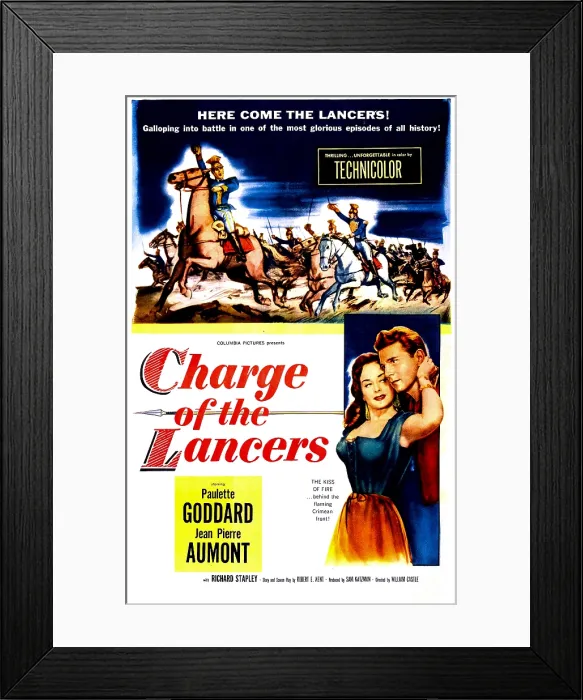 Framed Print : CHARGE OF THE LANCERS, US poster, bottom from left: Paulette Goddard, Jean-Pierre Aumont, 1954