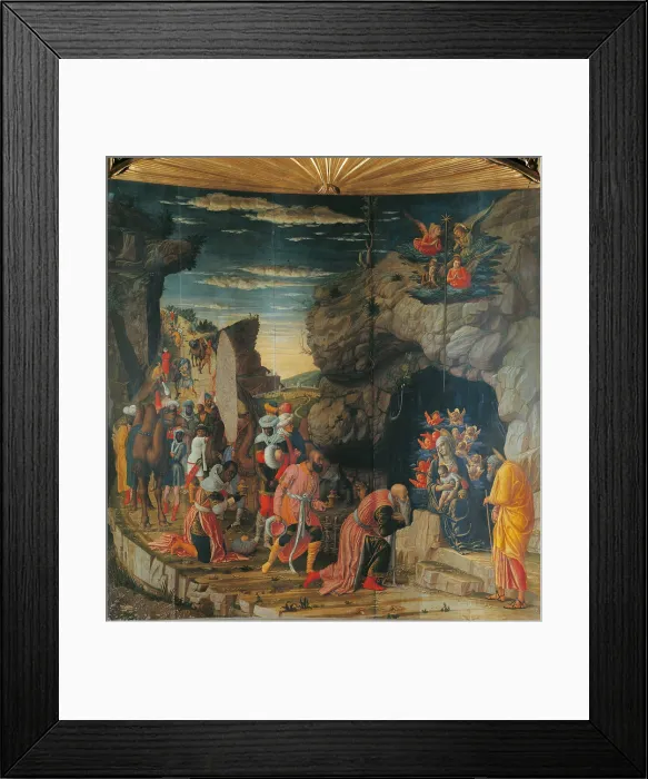 Framed Print : Uffizi Triptych. Adoration of the Magi, by Andrea Mantegna, 1462 about, 15th Century, tempera on panel, cm 76 x 76, 5 - Italy, Tuscany, Florence, Uffizi Gallery
