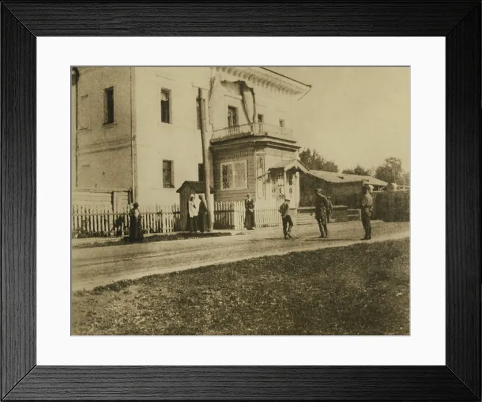 Framed Print : Russian royal family outside the house of the governor of Tobolsk where they were interned in 1918.The four Grand Duchesses of Russia stand left of center; the Czarevich is