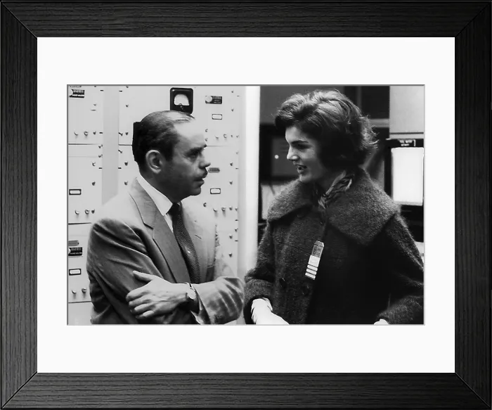 Framed Print : Atomic Energy Commission Manager Sam Sapirie talks with Jackie Kennedy. She accompanied her husband, Sen Framed Print : Atomic Energy Commission Manager Sam Sapirie talks with Jackie Kennedy. She accompanied her husband, Sen