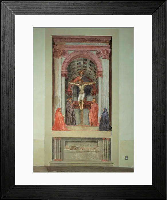 Framed Print : Trinity, by Tommaso di Ser Giovanni Cassai known as Masaccio, 1426 - 1428 about, 15th Century, fresco, cm 667 x 317 - Italy, Tuscany, Florence, Santa Maria Novella Basilica. All Framed Print : Trinity, by Tommaso di Ser Giovanni Cassai known as Masaccio, 1426 - 1428 about, 15th Century, fresco, cm 667 x 317 - Italy, Tuscany, Florence, Santa Maria Novella Basilica. All