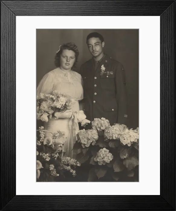Framed Print : Wedding portrait of an African American World War II Corporal with his new bride in 1945. The soldier wears a 3rd Army shoulder patch