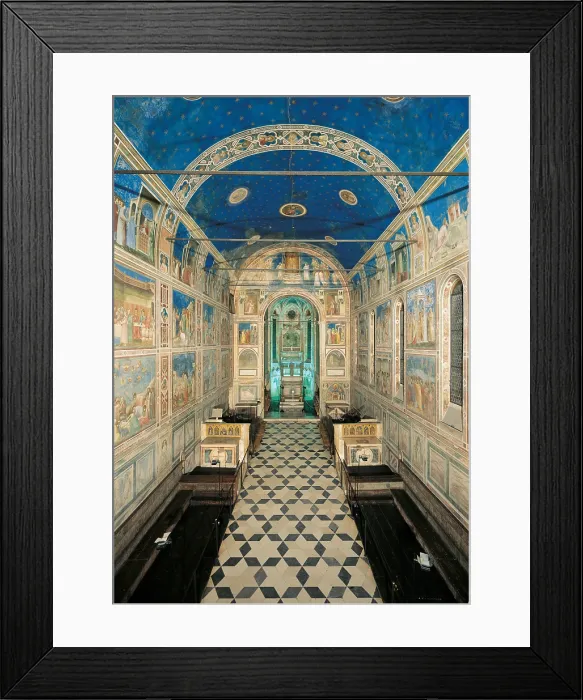 Framed Print : Fresco cycle in the Scrovegni Chapel, by Giotto, 1304 - 1306 about, 14th Century, fresco, - Italy, Veneto, Padua, Scrovegni Chapel. View of the chapel interior towards the altar Framed Print : Fresco cycle in the Scrovegni Chapel, by Giotto, 1304 - 1306 about, 14th Century, fresco, - Italy, Veneto, Padua, Scrovegni Chapel. View of the chapel interior towards the altar