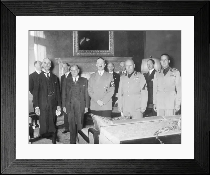 Framed Print : The Munich Conference that ceded the Czech Sudetenland to Germany. Chamberlain, Daladier, Hitler, Mussolini, and Ciano are pictured before the signing. Sept. 30, 1938 Framed Print : The Munich Conference that ceded the Czech Sudetenland to Germany. Chamberlain, Daladier, Hitler, Mussolini, and Ciano are pictured before the signing. Sept. 30, 1938