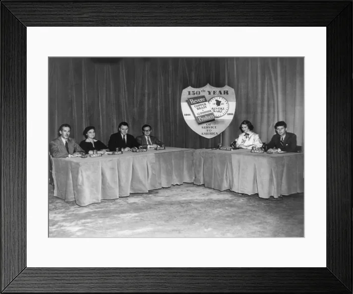 Framed Print : Congressman John F. Kennedy on the set of TV new show, Meet the Press'. L-R: Mr. Lindley, Ms. Craig, Mr. Reston, Lawrence Spivak, Ms. Rountree and John Kennedy. Dec