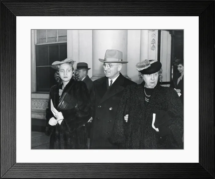 Framed Print : Vice President-elect Harry Truman arriving for President Franklin Roosevelt's 4th Inauguration. With him are his wife Bess and daughter Margaret. Jan. 20, 1945 Framed Print : Vice President-elect Harry Truman arriving for President Franklin Roosevelt's 4th Inauguration. With him are his wife Bess and daughter Margaret. Jan. 20, 1945