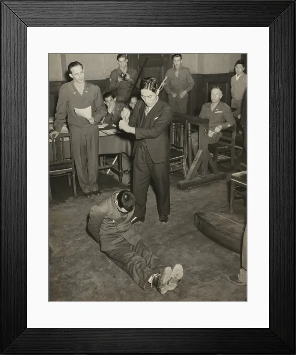 Framed Print : Reenactment of the beheading of Lt. Darwin Emry during war crimes trial in Yokohama, Japan. Emry was one of seven survivors of a B-29 shot down over Japan on May 25, 1945