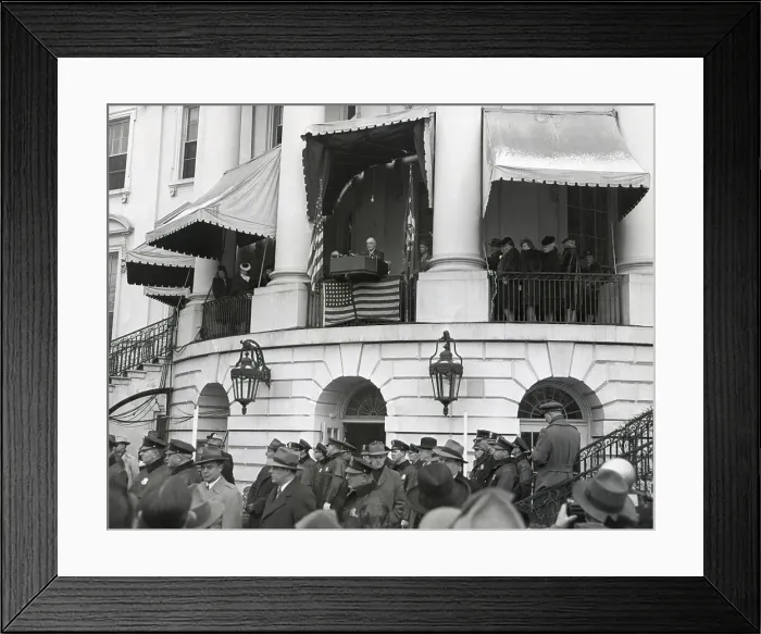 Framed Print : President Franklin Roosevelt at his fourth Inauguration on Jan. 20, 1945. The wartime ceremony took place with little fanfare from the south balcony of the White House