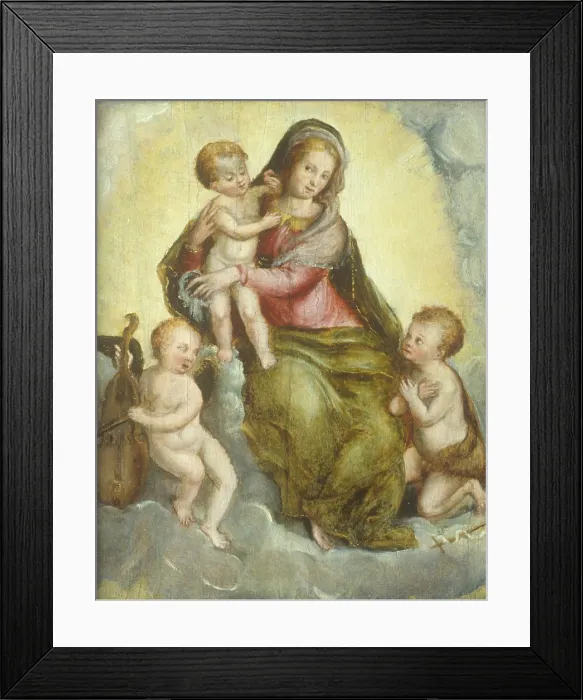 Framed Print : Madonna with Child, Little Saint John and Angel, by Livio Agresti also known as Ricciutello, 16th Century - Private collection. Whole artwork view