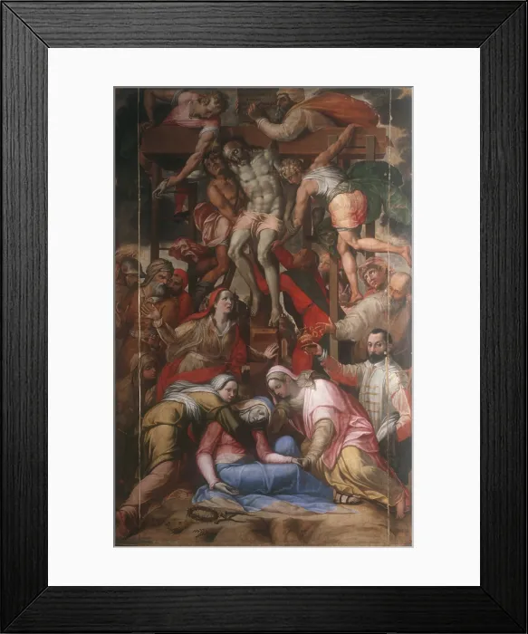 Framed Print : Deposition, by Livio Agresti also known as Ricciutello, 16th Century, oil on board, 308 x 210 cm - Italy, Emilia Romagna, Forl, Civic Collection. Whole artwork view