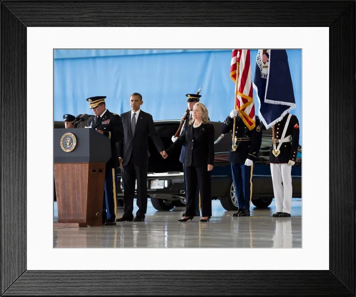 Framed Print : President Barack Obama holds hands with Sec. of State Hillary Rodham Clinton at Andrews Field, MD. On Sept