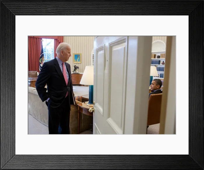 Framed Print : President Barack Obama and VP Joe Biden talk following an Oval Office meeting. March 2, 2012. (BSLOC_2015_13_238)
