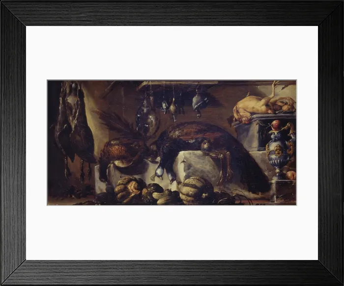 Framed Print : Still Life with with dead Peacock, Poultry, Game, Pumpkins, Fruit and Silver Jug, by Bartolomeo Arbotori, 17th century, oil on canvas, 100 x 195 cm - Italy, Emilia Romagna, Parma