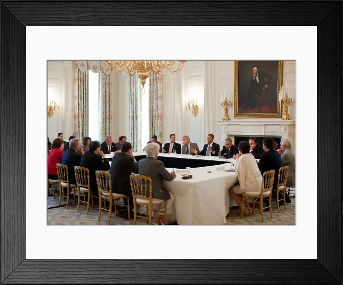 Framed Print : President Barack Obama meets with members of the Congressional Hispanic Caucus. May 3, 2011 in the State Dining Room of the White House. (BSLOC_2015_13_229)
