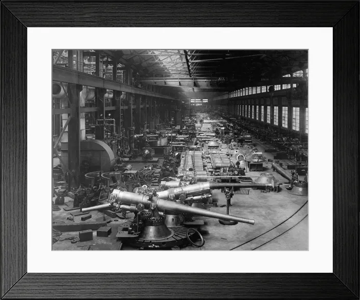 Framed Print : Big guns manufactured at the Bethlehem Steel Company. 6 inch guns with their mounts in foreground; immediately in the rear, slides or cradles for 10, 12 and 14 inch guns
