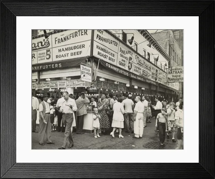 Framed Print : New York City street corner with customers ordering and eating Nathan's Hot Dogs. Aug. 6, 1947. (BSLOC_2014_13_175) Framed Print : New York City street corner with customers ordering and eating Nathan's Hot Dogs. Aug. 6, 1947. (BSLOC_2014_13_175)