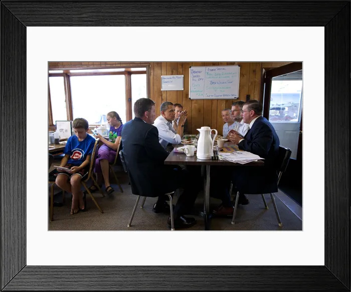 Framed Print : Pres. Barack Obama breakfasts with small business owners at Rausch's Caf in Guttenberg, Iowa Framed Print : Pres. Barack Obama breakfasts with small business owners at Rausch's Caf in Guttenberg, Iowa
