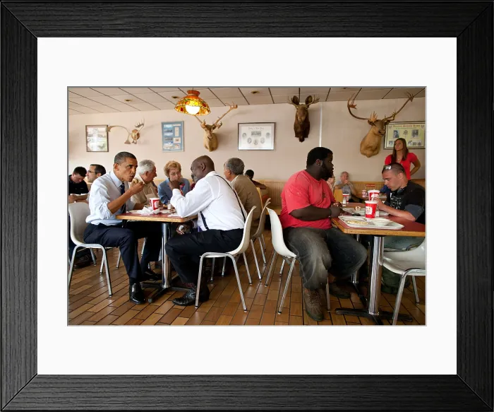 Framed Print : President Barack Obama has lunch with Toledo, Ohio, Mayor Michael Bell at Rudy's Hot Dog. June 3, 2011. (BSLOC_2015_13_152) Framed Print : President Barack Obama has lunch with Toledo, Ohio, Mayor Michael Bell at Rudy's Hot Dog. June 3, 2011. (BSLOC_2015_13_152)