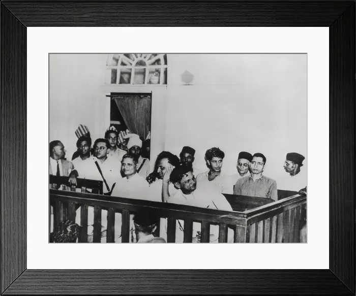 Framed Print : Nathuram Vinayak Godse (left) on trial with others for the assassination of Mahatma Gandhi on Jan. 30, 1948