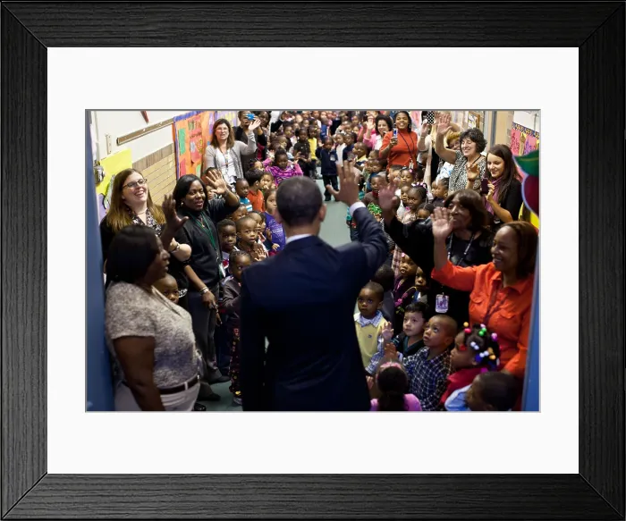 Framed Print : President Barack Obama says goodbye to students at the Yeadon Regional Head Start Center, Penn. Nov. 8, 2011. (BSLOC_2015_13_148)