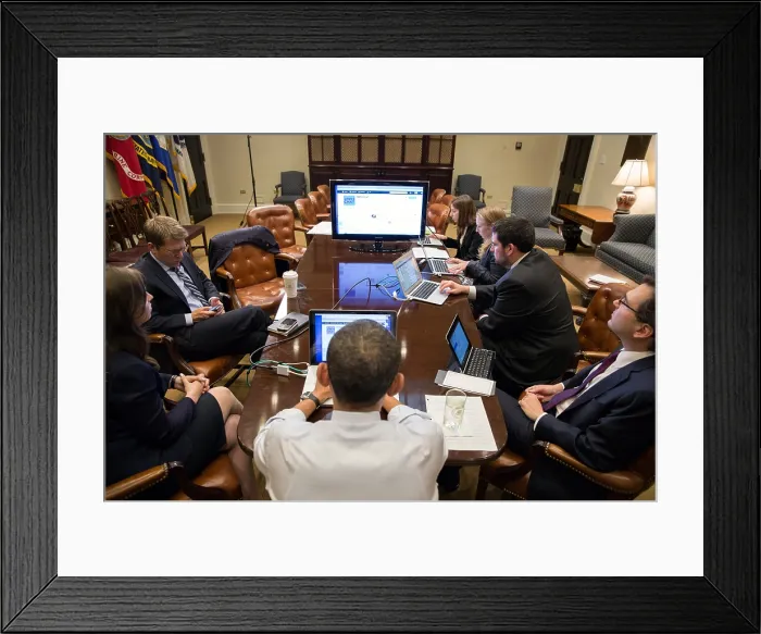 Framed Print : President Barack Obama (center, back to camera) in a live Twitter question and answer session. Roosevelt Room of the White House, Dec. 3, 2012. (BSLOC_2015_13_150) Framed Print : President Barack Obama (center, back to camera) in a live Twitter question and answer session. Roosevelt Room of the White House, Dec. 3, 2012. (BSLOC_2015_13_150)