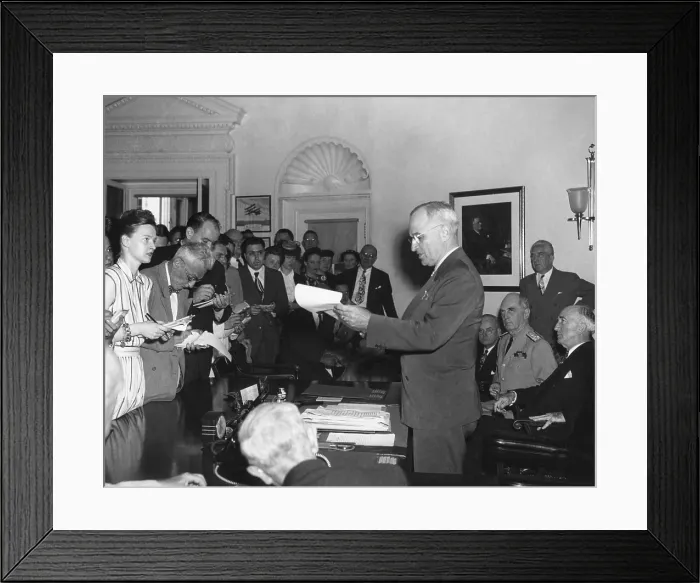 Framed Print : President Harry Truman announcing Japan's surrender to reporters in the Oval Office. Seated behind President Truman are John Snyder, Treasury Sec.; Adm Framed Print : President Harry Truman announcing Japan's surrender to reporters in the Oval Office. Seated behind President Truman are John Snyder, Treasury Sec.; Adm