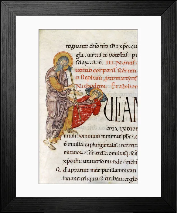 Framed Print : Illuminated Capital L Initial L with Gomoliale appearing in dream to Luciano; Passionario, ms. P+, f Framed Print : Illuminated Capital L Initial L with Gomoliale appearing in dream to Luciano; Passionario, ms. P+, f