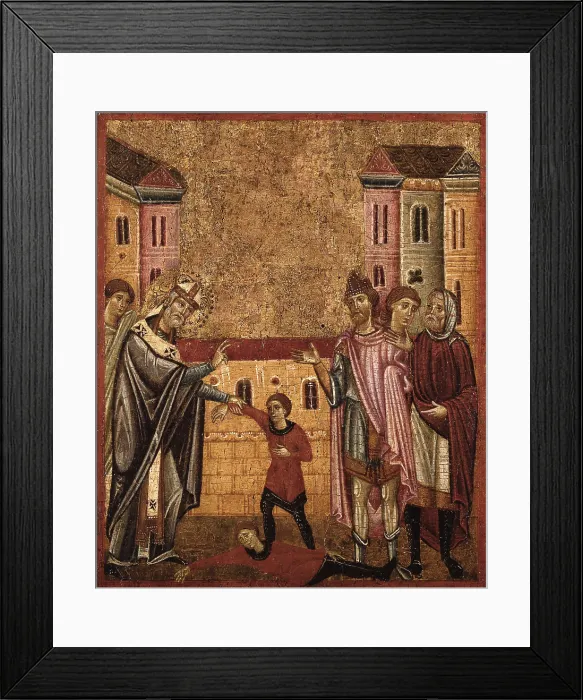Framed Print : Saint Verano full length between two angels and six stories of his legend, by Unknown Artist from Pisa, 1270, 13th Century, tempera on board - Italy, Lombardy, Milan