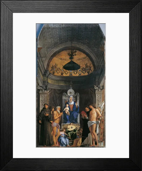 Framed Print : San Giobbe Altarpiece (Virgin Enthroned with the Child, with Sts Francis, John the Baptist, Job, Dominic, Sebastian, Louis of Toulouse and musicanti angels), by Giovanni Bellini