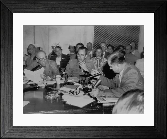 Framed Print : Senator Joseph McCarthy (right) demands an apology from Army Counsel Joseph Welch (left). June 15, 1954. In between them is Lt. Col. John F. T