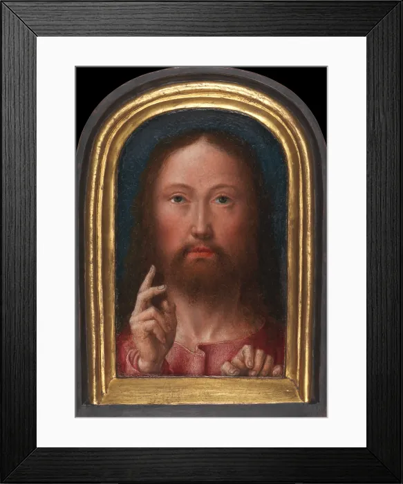 Framed Print : CHRIST BLESSING, by Gerard David, 1500-05, Netherlandish, Northern Renaissance oil painting. The painted surface of this small painting is less than 5 x 4 inches