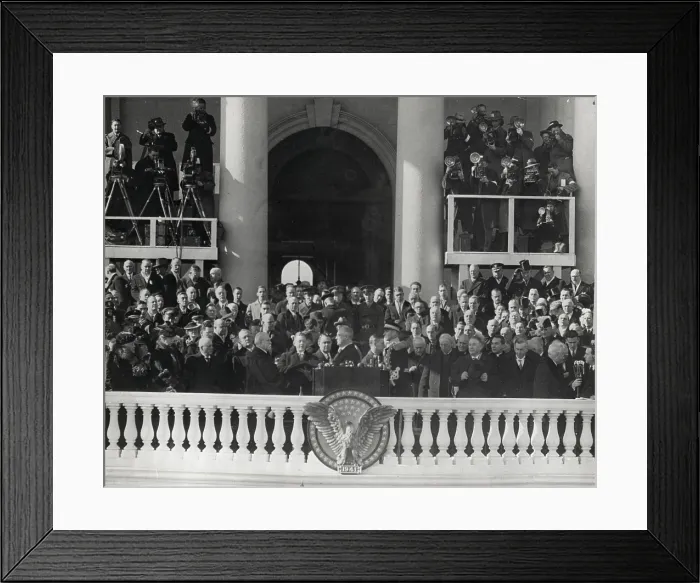Framed Print : FDR takes the Oath of Office from Chief Justice Charles Evan Hughes. Jan. 20, 1941. It was the third of FDR's four inaugurations. (BSLOC_2013_5_156) Framed Print : FDR takes the Oath of Office from Chief Justice Charles Evan Hughes. Jan. 20, 1941. It was the third of FDR's four inaugurations. (BSLOC_2013_5_156)