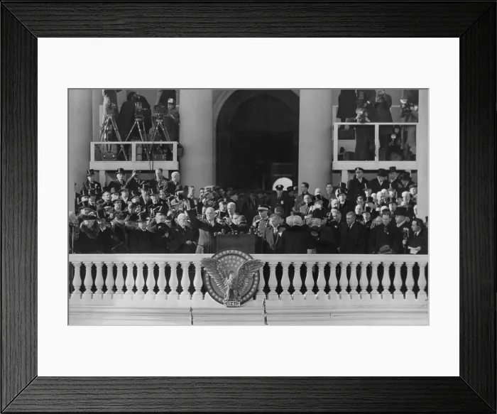 Framed Print : Franklin Roosevelt waves his hat to the crowd at his third inauguration. Jan. 20, 1941. Left of the President is Chief Justice Charles Evans Hughes. (BSLOC_2013_5_157) Framed Print : Franklin Roosevelt waves his hat to the crowd at his third inauguration. Jan. 20, 1941. Left of the President is Chief Justice Charles Evans Hughes. (BSLOC_2013_5_157)